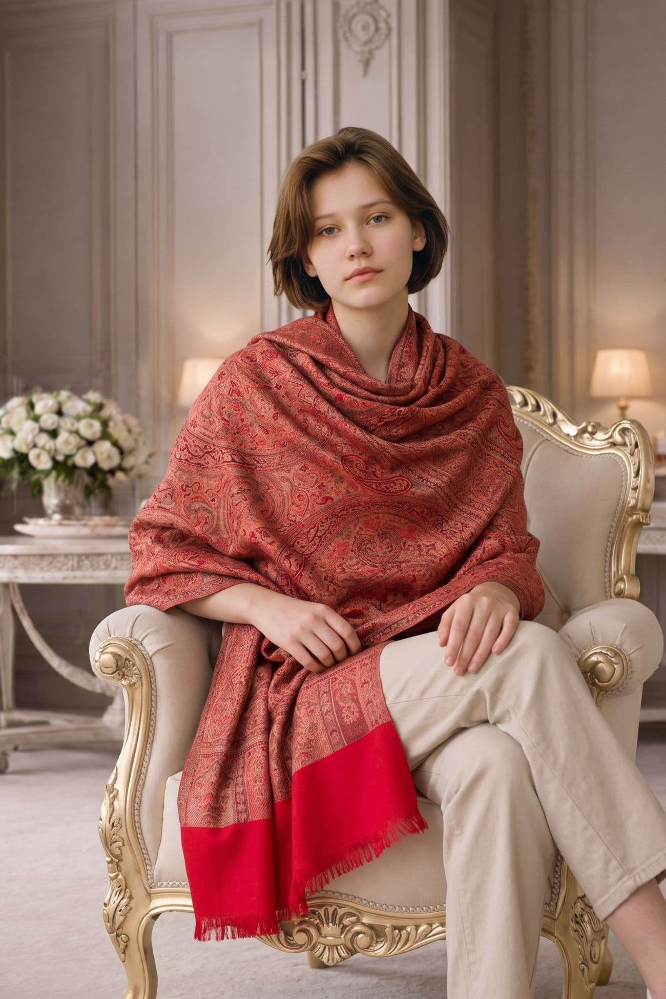 Pashmina - Handwoven Cotton Wool Shawl — Orient red
