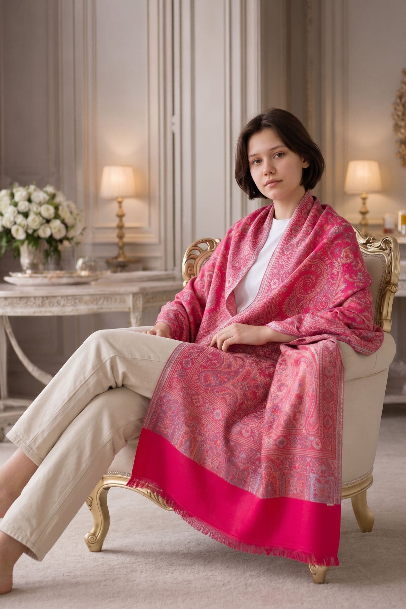 باشمينا - شال من القطن والصوف المنسوج يدوياً — Cerise pink