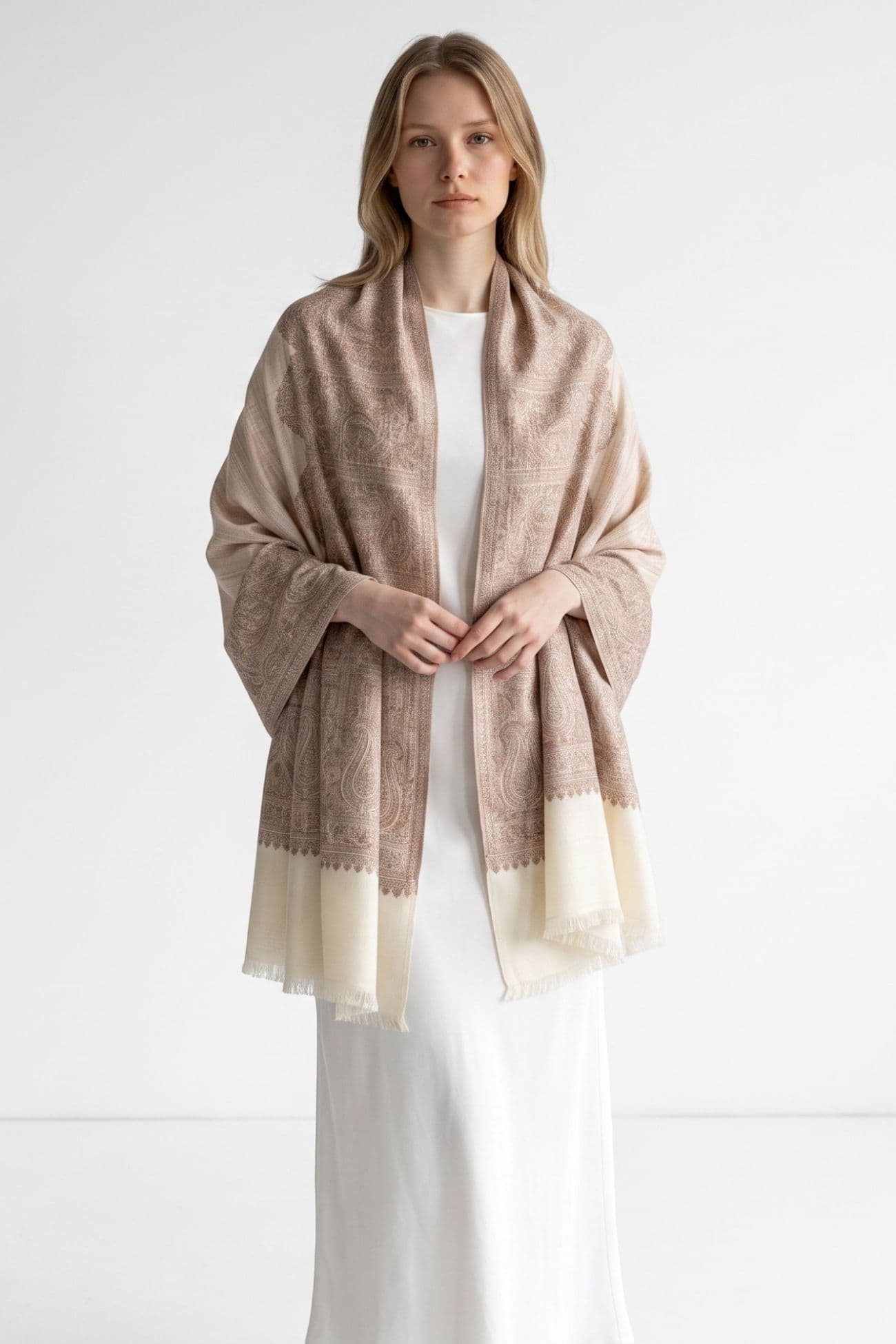 Modal Embroidery Shawl — Cream