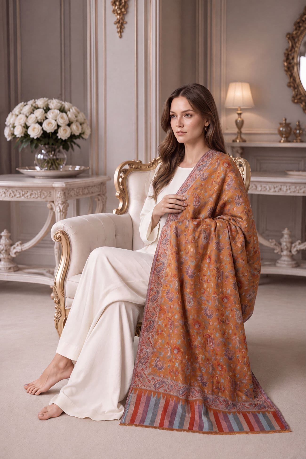 Pure Mulberry Silk & Cotton Blend Shawl — Orange Golden 1