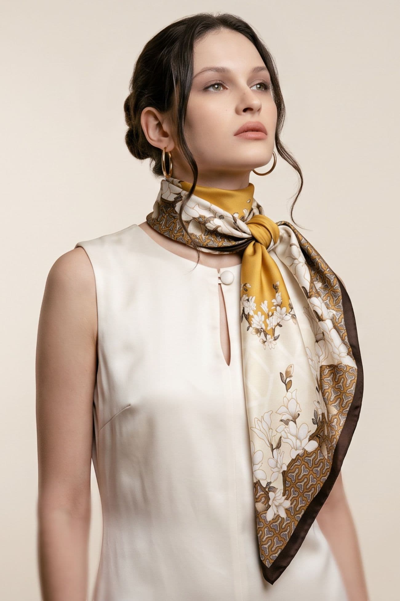 Elegant Floral Silk-Feel Scarf | 70 × 70 cm — Brown