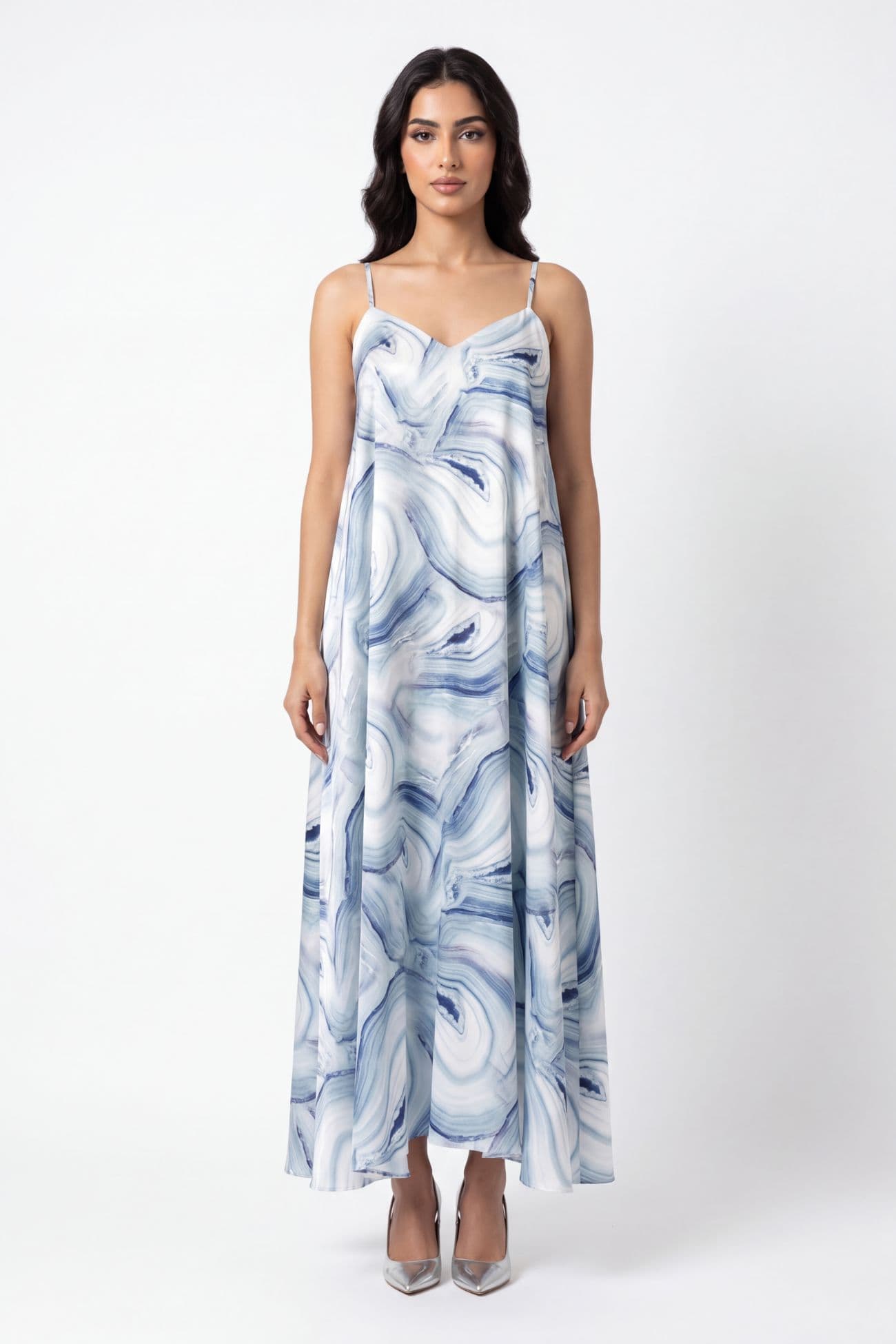 Sleeveless Printed Silk Dress — Blue 2