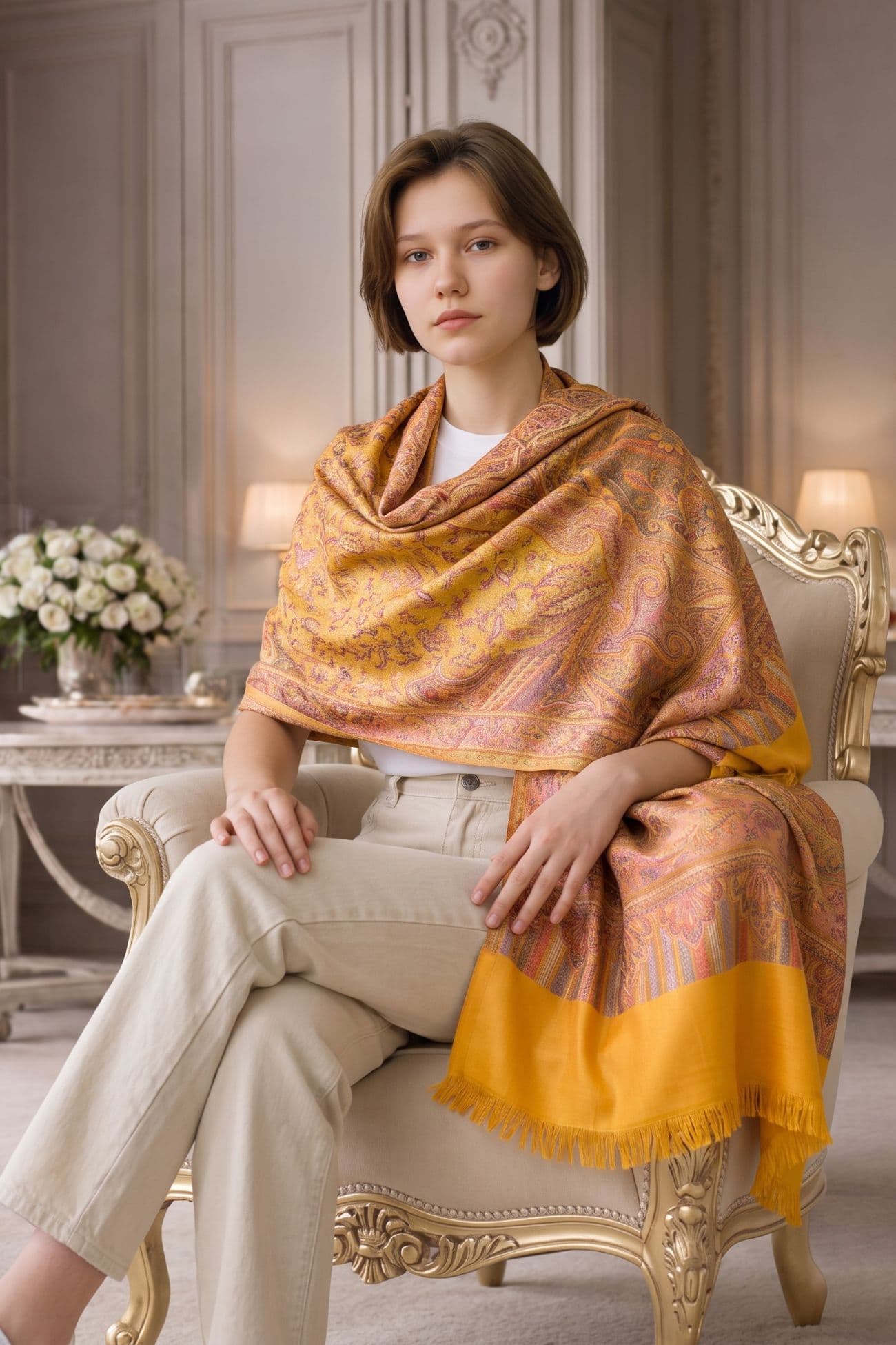 Pashmina - Handwoven Cotton Wool Shawl — Satin gold