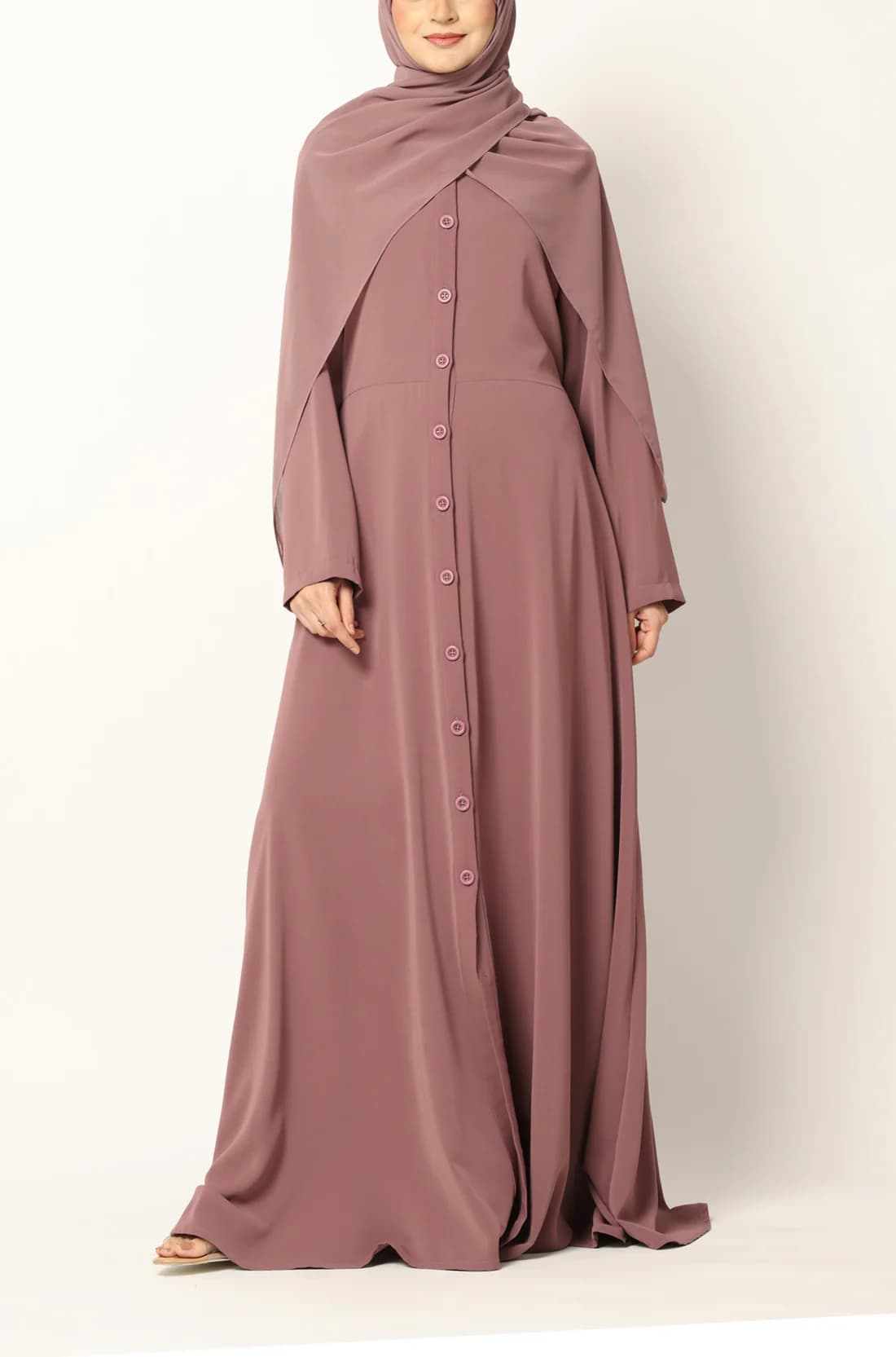 Simple Flared Abaya with Buttons - Dusty Rose