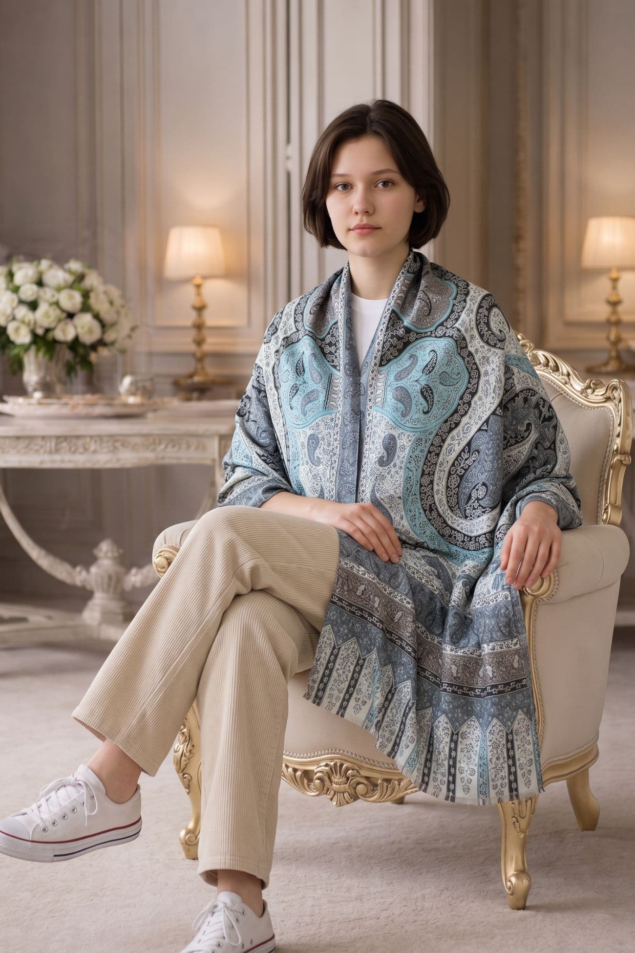 Handwoven Kalamkari Shawl — Silver