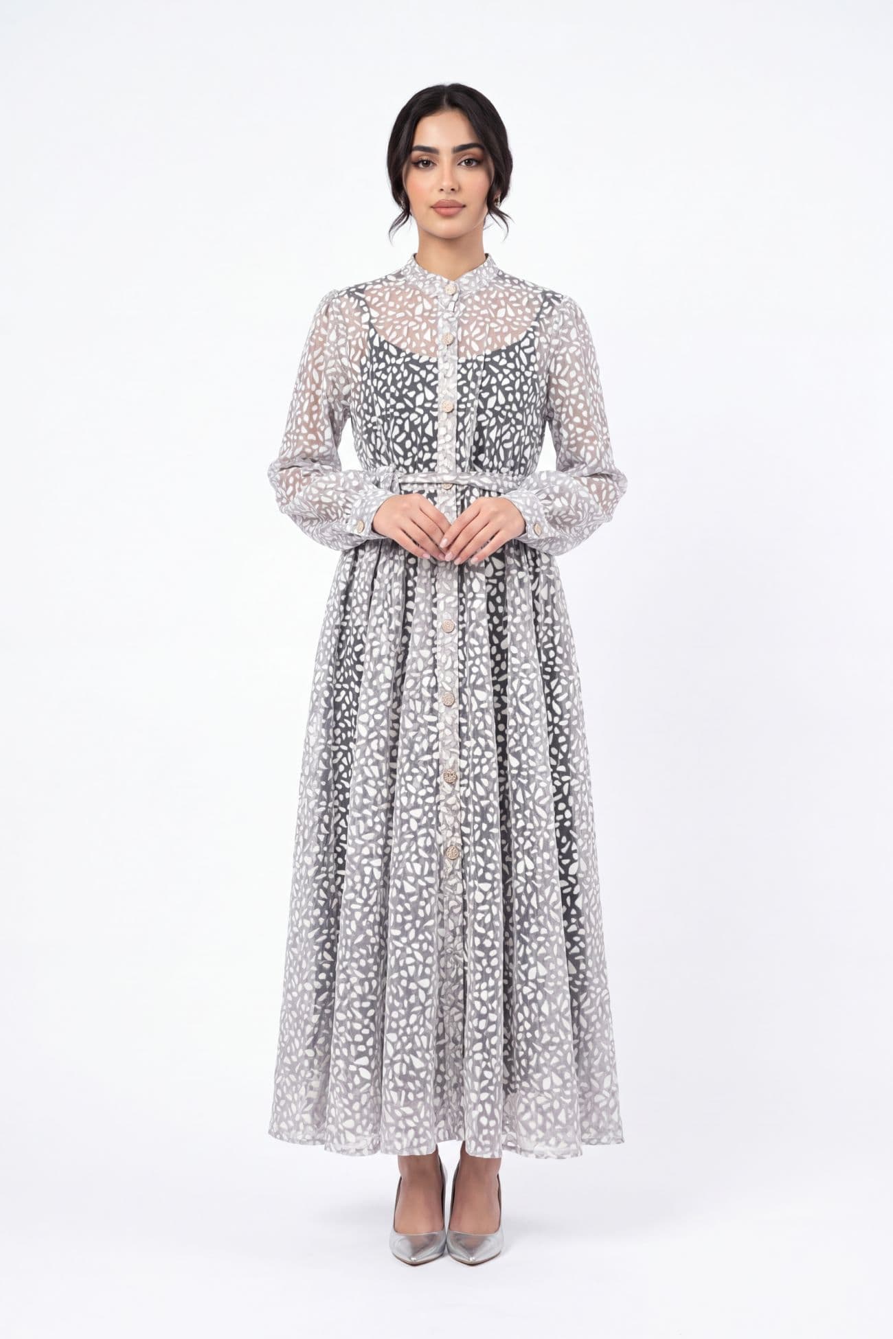 Shiny Long Sleeve Gray Dress — Gray 2