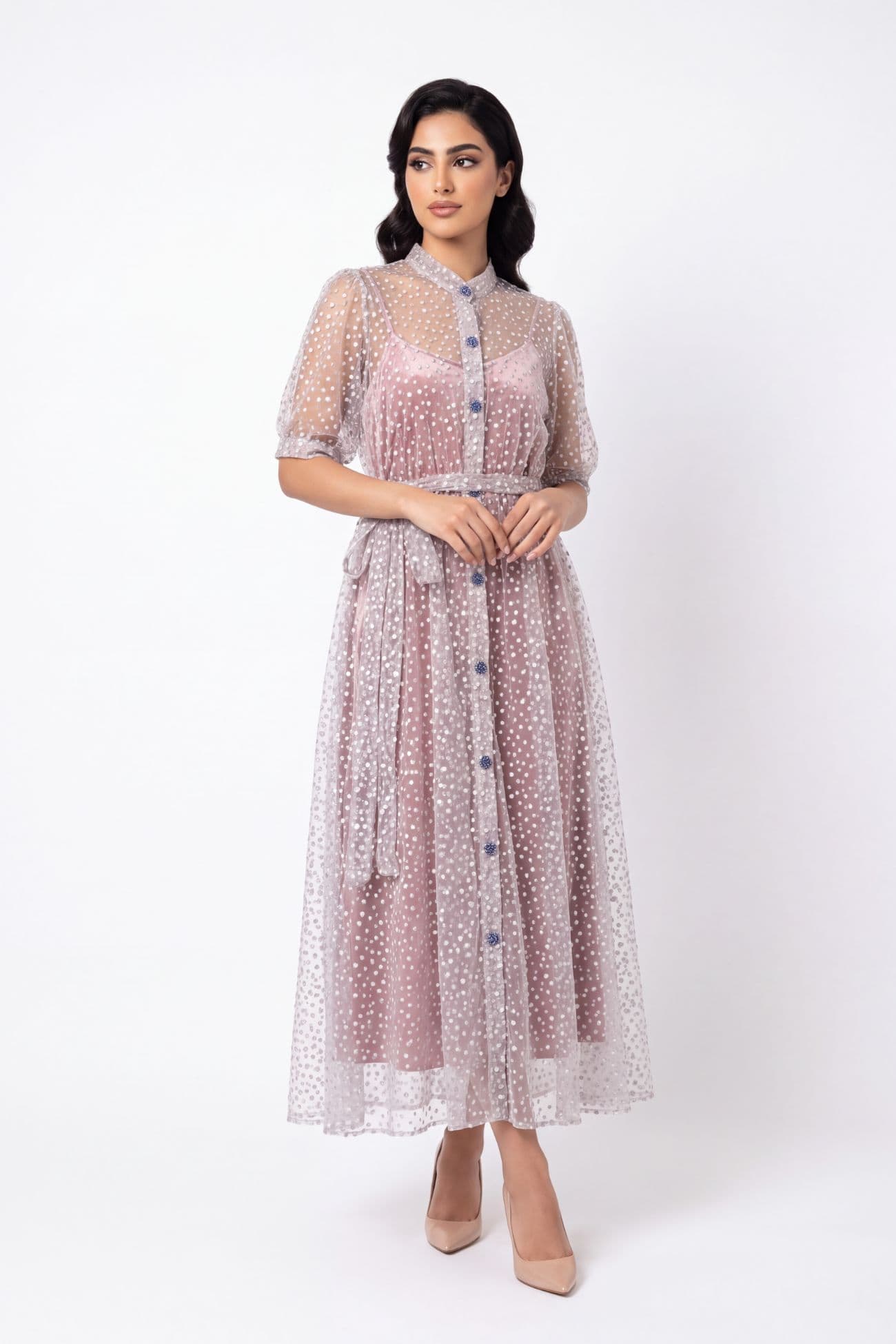 فستان وردي فاتح لامع بأكمام قصيرة — Light Pink 2