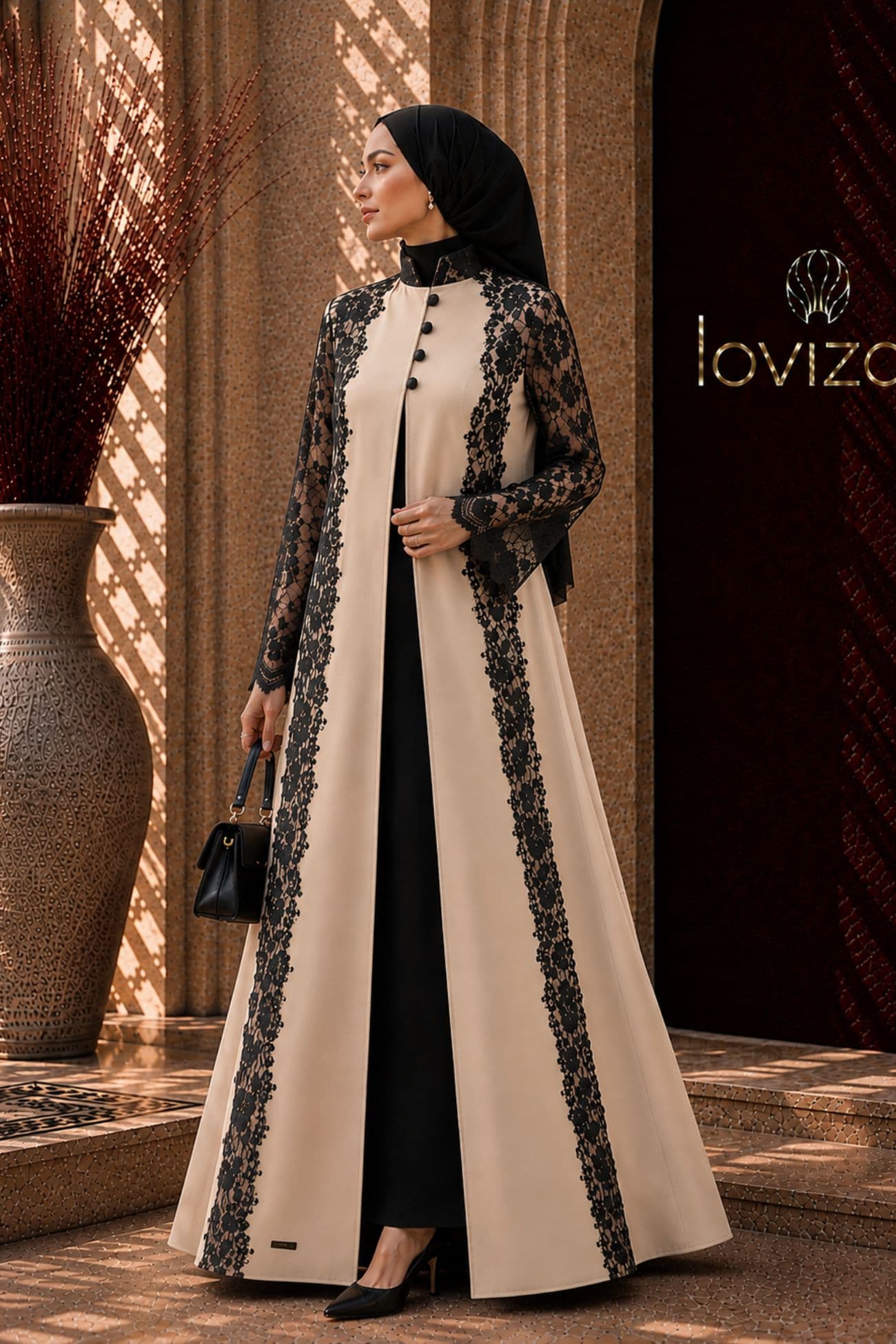 Noura Beige & Black Lace Abaya